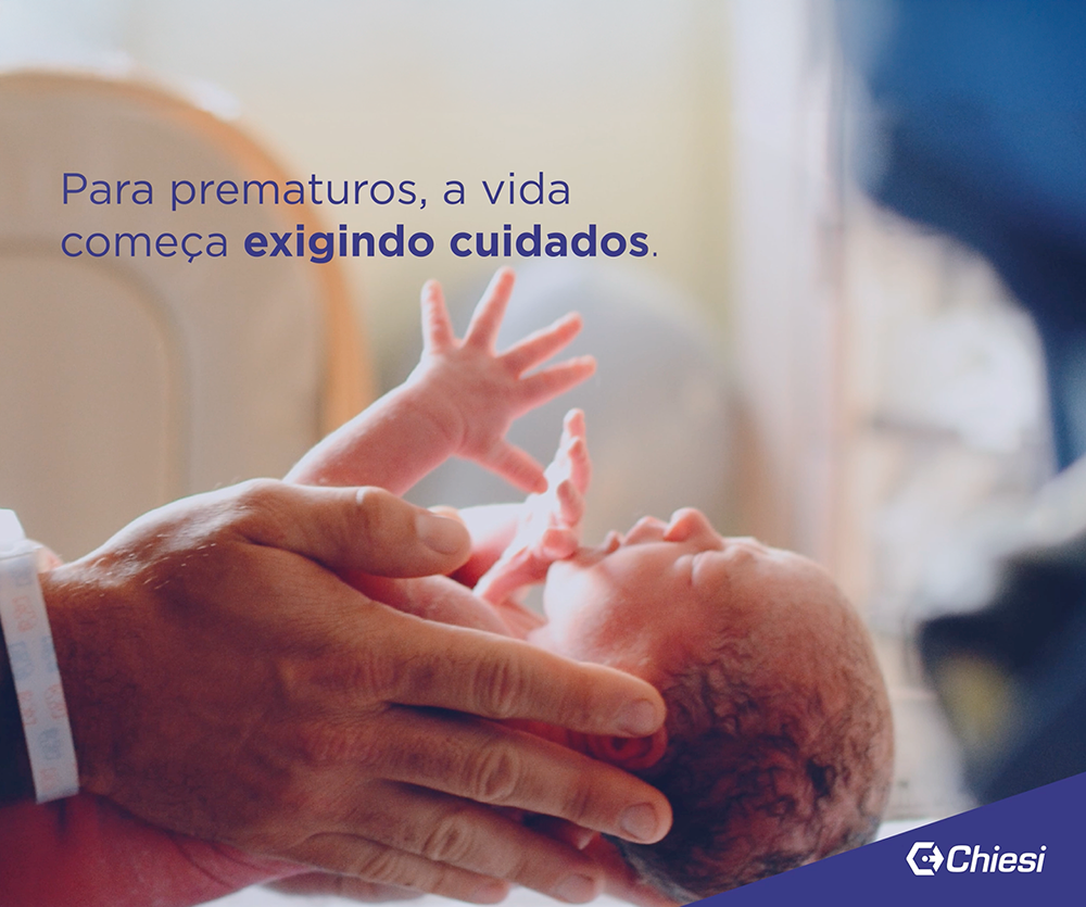  Frase “para prematuros, a vida começa exigindo cuidados” em destaque, com fotografia de um recém-nascido nas mãos de um médico ao fundo.